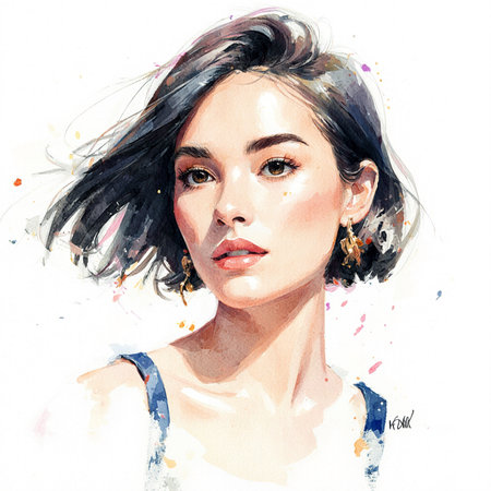 Watercolor portrait of a beautiful young woman with long black hair.の素材