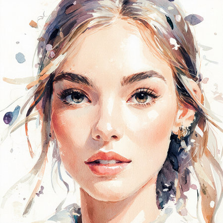 Digital watercolor portrait of a beautiful young woman with long hair.の素材