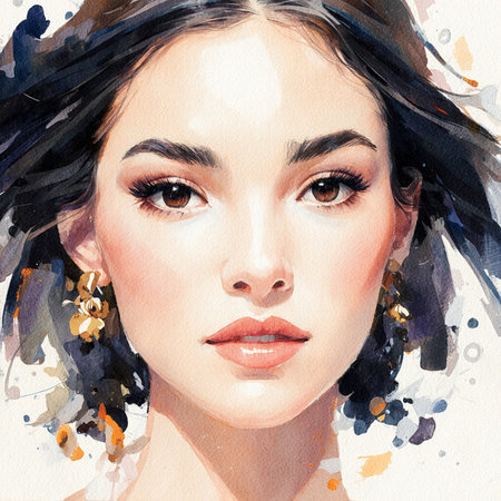Portrait of beautiful young woman with blue eyes and black hair. Digital watercolor painting.の素材