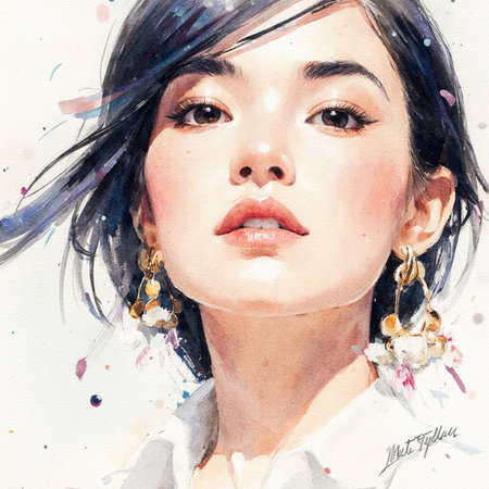 Portrait of beautiful young Asian woman. Watercolor painting.の素材