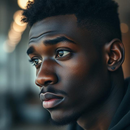 Portrait of a young African American man in a cafeの素材