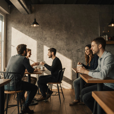 Group of young business people sitting in a cafe, drinking coffee.の素材