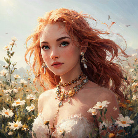 Portrait of a beautiful red-haired girl in a field of flowersの素材