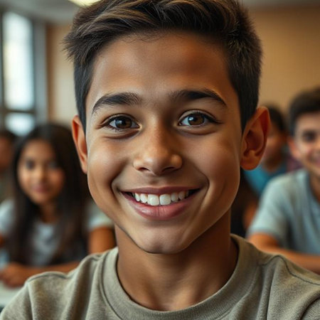 Portrait of smiling boy looking at camera in classroom with classmates in backgroundの素材