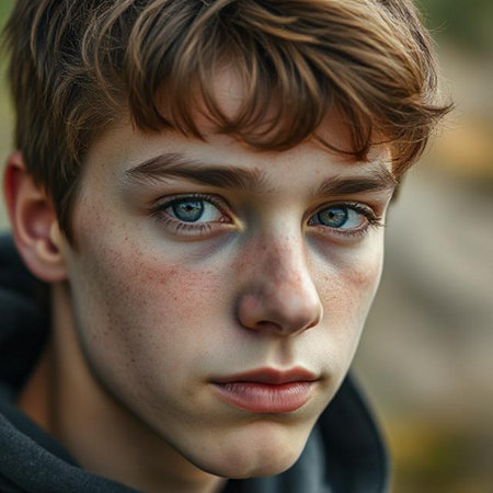 Portrait of a boy with freckles and blue eyes.の素材