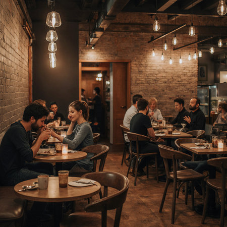 Group of young people sitting in a cafe and having a drink.の素材