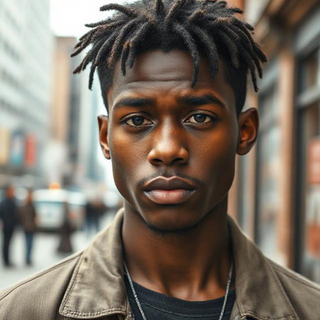 Portrait of a young African American man with dreadlocksの素材