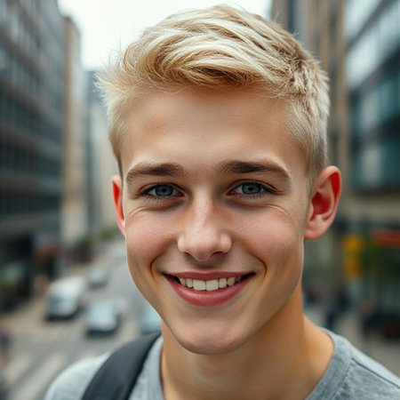 Portrait of a handsome young man with blond hair in the cityの素材