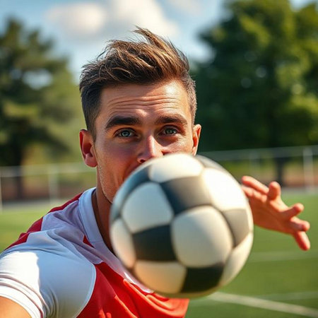 Soccer player in action. Close up portrait of young caucasian man playing football outdoors.の素材