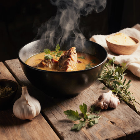 Bowl of spicy chicken soup with herbs and garlic on wooden tableの素材