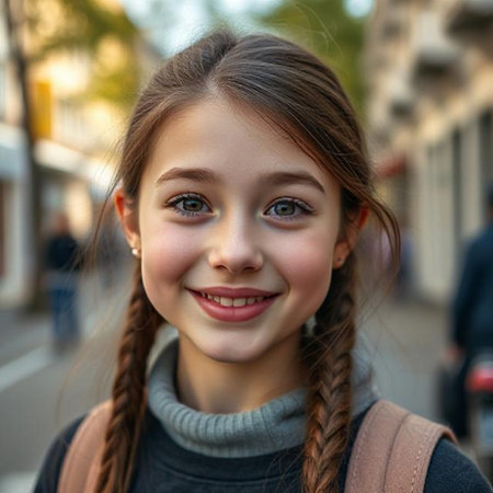 Portrait of a cute little girl with braids in the cityの素材