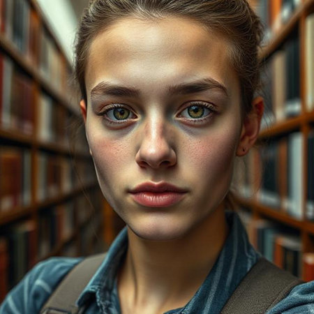 Portrait of a beautiful young woman in a library. Education.の素材