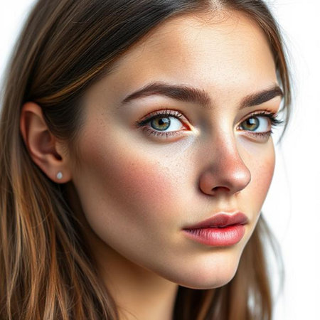 Close up portrait of young woman face. Isolated white background.の素材