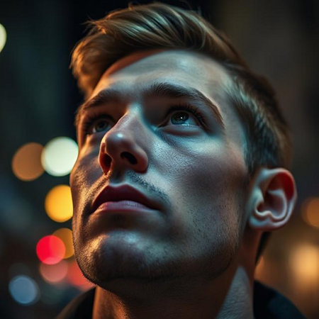 Close-up portrait of a young man in the city at nightの素材
