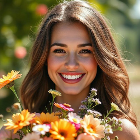 Close up portrait of a beautiful smiling woman with bouquet of flowersの素材