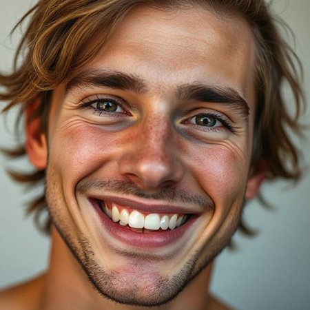 Close-up portrait of a happy young man with a beautiful smileの素材