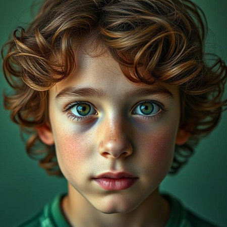 Portrait of a young boy with green eyes and curly hair.の素材