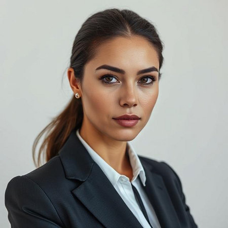 Portrait of a beautiful businesswoman in a black suit on a gray backgroundの素材