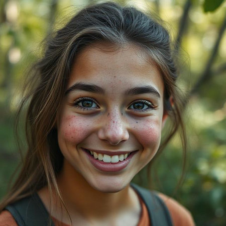 Portrait of a beautiful young girl with freckles on her faceの素材
