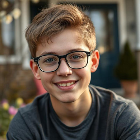 Portrait of a smiling boy with glasses on the background of a cafeの素材