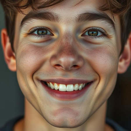 Close-up portrait of a happy young man smiling and looking at cameraの素材