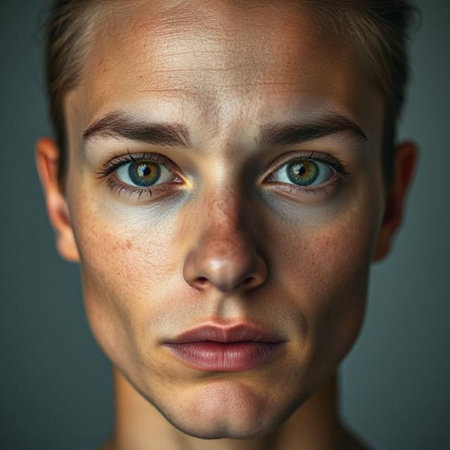 Close-up portrait of a young man with blue eyes. Studio shot.の素材