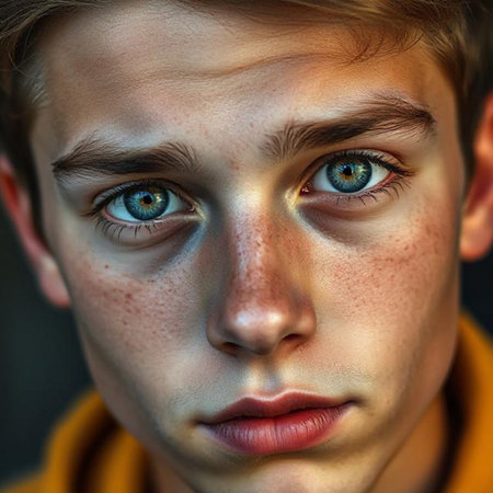 Close-up portrait of a young boy with blue eyes. Teenager.の素材