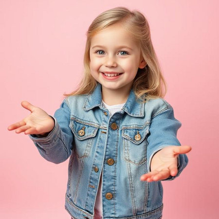 Portrait of a smiling little girl in a denim jacket on a pink backgroundの素材
