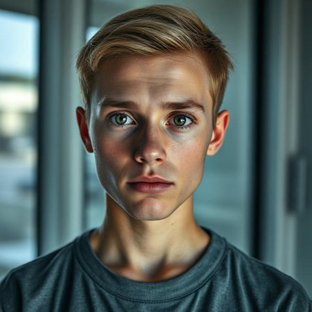 Portrait of a young man with freckles on his faceの素材