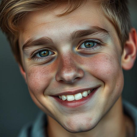 Close-up portrait of a teenage boy with freckles on his faceの素材