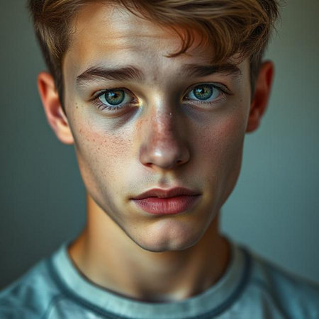 Portrait of a young man with freckles on his faceの素材