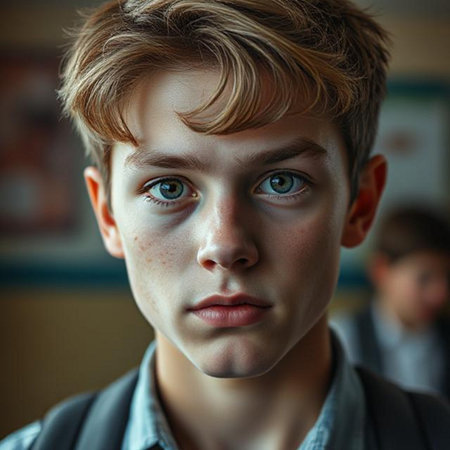 Portrait of a schoolboy with blond hair and blue eyes.の素材