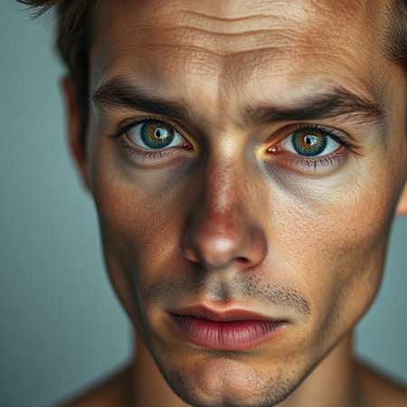 Close-up portrait of a young man with blue eyes. Studio shot.の素材