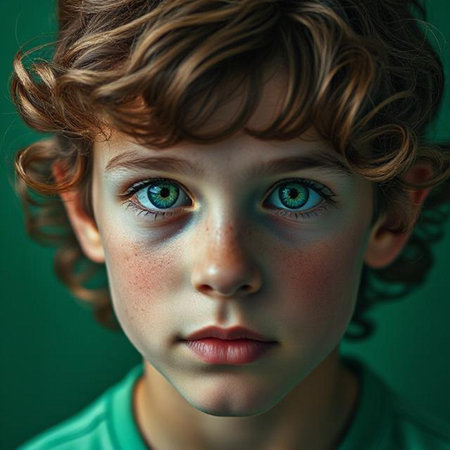 Portrait of a boy with curly hair and green eyes looking at the cameraの素材