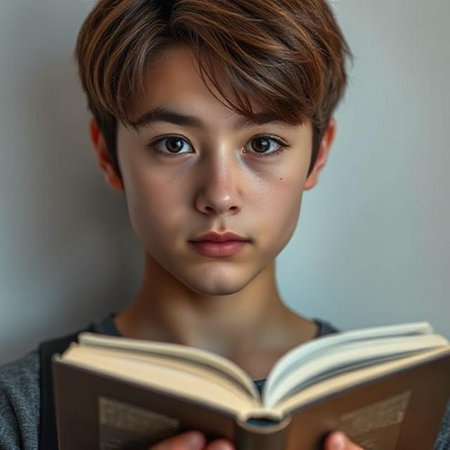 Portrait of a teenage boy reading a book. Close-up.の素材