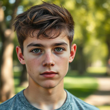 Portrait of a handsome young boy with green eyes looking at cameraの素材