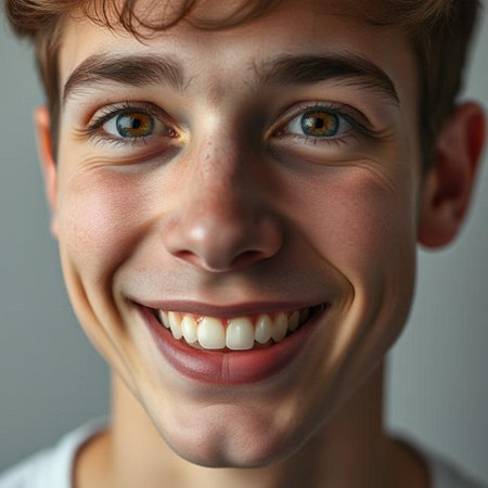 Close-up portrait of a smiling young man with green eyes.の素材