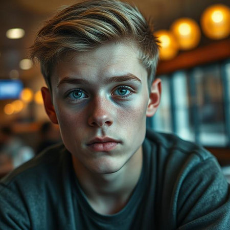 Portrait of a young man in a cafe. Close-up.の素材