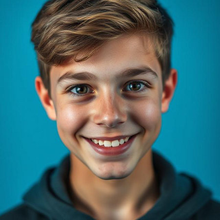 Portrait of a smiling boy on a blue background. Close-up.の素材