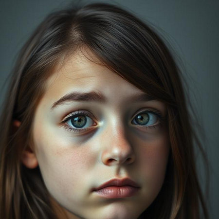 Closeup portrait of a beautiful young girl with long brown hair and blue eyesの素材