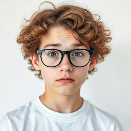 Portrait of a teenage boy with curly hair wearing glasses and looking at cameraの素材
