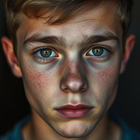Close-up portrait of a teenager boy with blue eyes. Studio shotの素材