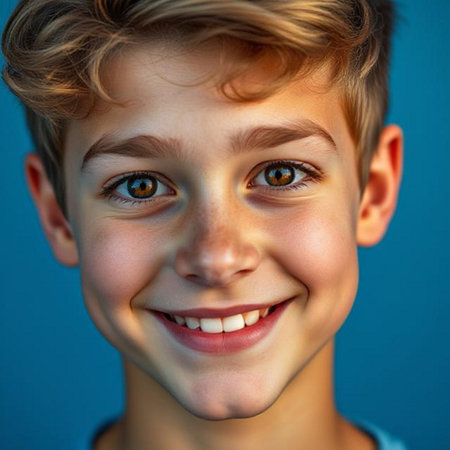 Portrait of a smiling boy on a blue background. Close-up.の素材