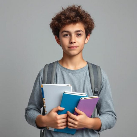 Portrait of a teenage boy with backpack and notebooks on gray backgroundの素材