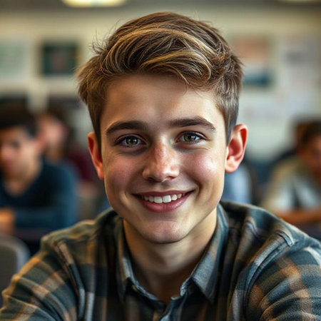 Portrait of a smiling teen boy in a high school classroom.の素材