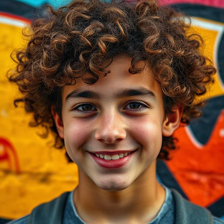 Portrait of a boy with curly hair in front of graffiti wallの素材
