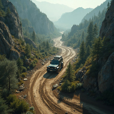 Off-road car in the mountains of Kyrgyzstan.の素材