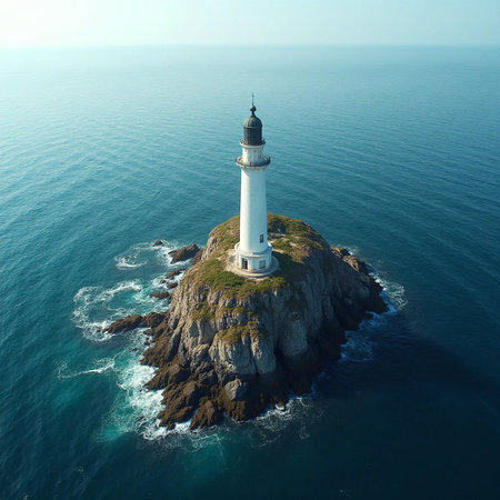 Aerial view of the lighthouse on the island of Santander, Spainの素材