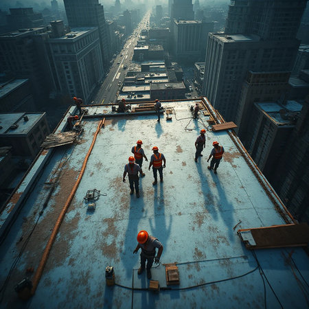 Aerial view of construction workers on the roof of a building.の素材