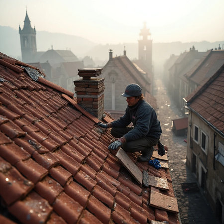 Worker on the roof of the old town.の素材